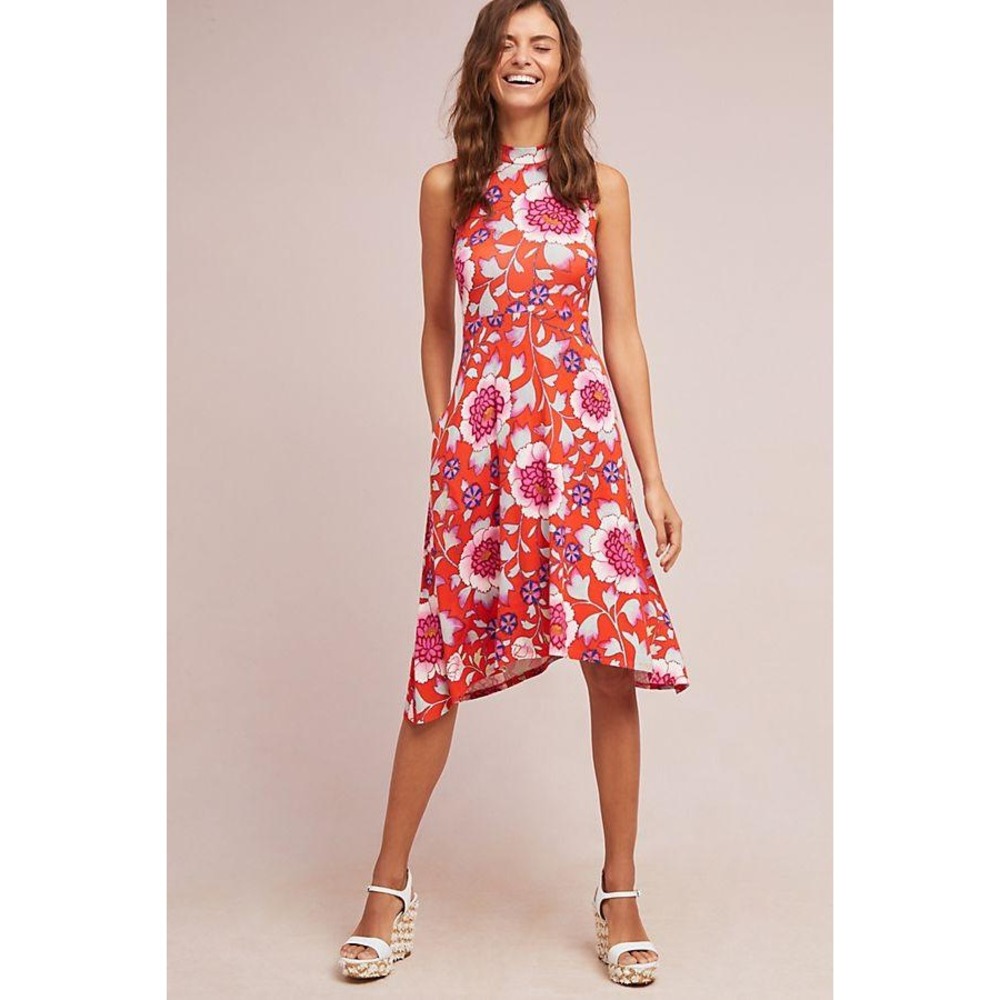 Maeve Anthropologie Orange Floral Handkerchief Hem Mock Neck Midi Dress Small